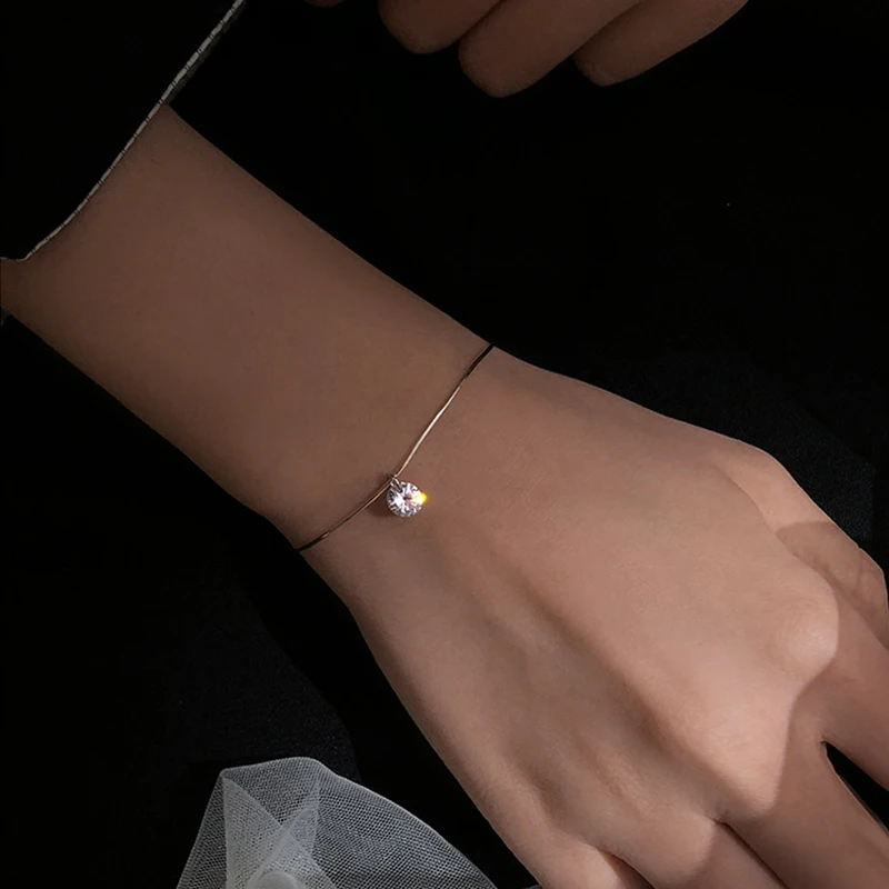 S925 Sterling Silver Snake Bone Chain Couple Bracelet Student Simple Shiny Zircon Adjustable Exquisite Jewelry Gift | Украшения и