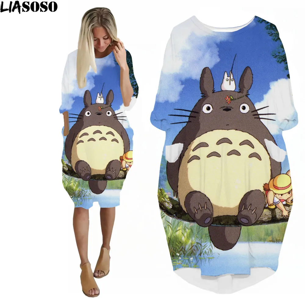 LIASOSO Anime Totoro Dress 3D Printing Girls Street Interesting Fashion Trend Wild Loose Long Sleeve Over The Knee Dress Womens