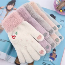 1 par de luvas de malha inverno tela toque feminino moda nova bordado dos desenhos animados boneco de neve quente veludo tela toque adulto mitten