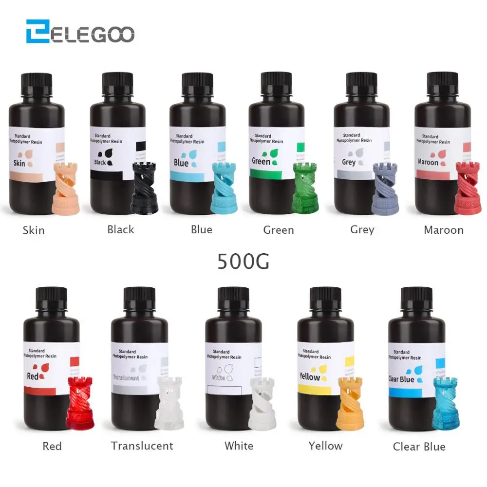 ELEGOO-impresora 3D de resina LCD UV, resina de curado 405nm, fotopolímero resina estándar para impresión 3D LCD, 500ml, color negro, gris y blanco
