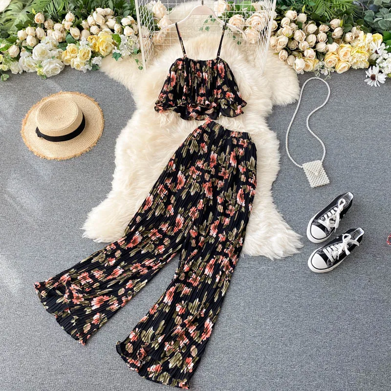 Printed Short Top Pleated High-Waist Wide-Leg Pants Two-Piece Set in Pants