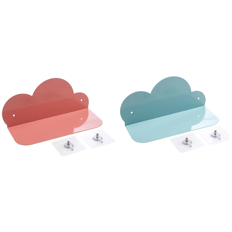

2 Pcs Iron Art Cloud Shape Wall Shelf Punching Hanger Storage Rack Living Room Bedroom Wall Decoration Strong Rack Blue & Pink