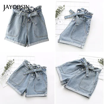 

JAYCOSIN Hot Jeans Women Elastic Bow Butto Big Pocket Loose Denim Casual Small Cotton Short Pants Bandage Casual Female 2020 J#
