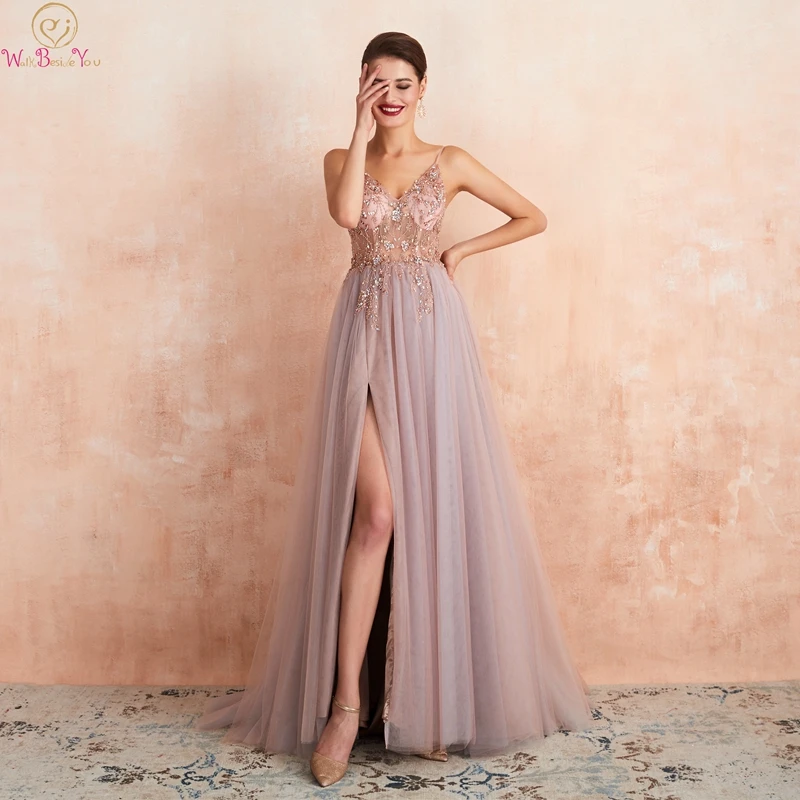 

Pink Formal Party A-Line Split Prom Dresses 2019 Blue Beaded Crystal Sleeveless Spaghetti Straps vestidos de gala Evening Gowns