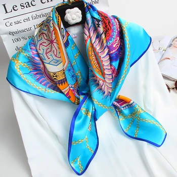 

Women 100% Silk Scarf Square 2020 Brand Hougzhou Green Silk Bandana Wraps for Ladies Printed Big Square Silk Scarf Neck 90x90cm