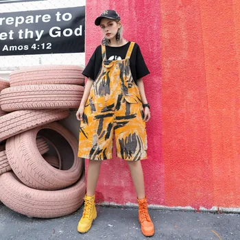 

Graffiti Hole Hip Hop Denim Cargo Jumpsuits Rompers Women Chic Strap Casual Pockets Summer Wide Leg Oxygen Streetwear Playsuits