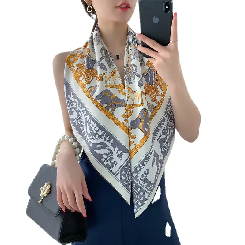 

2021 Big Square Scarf Spring and Autumn Gray Bird Silk Women Simple Wild Western Fashion Temperament Twill