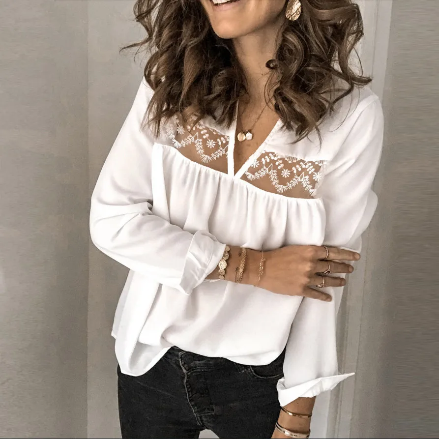 

Sexy Lace Mesh Shirt Embroidery Patchwork Women Casual Long Sleeve Tops Chiffon Blouse Ladies Loose Tops Shirts Female Blusas