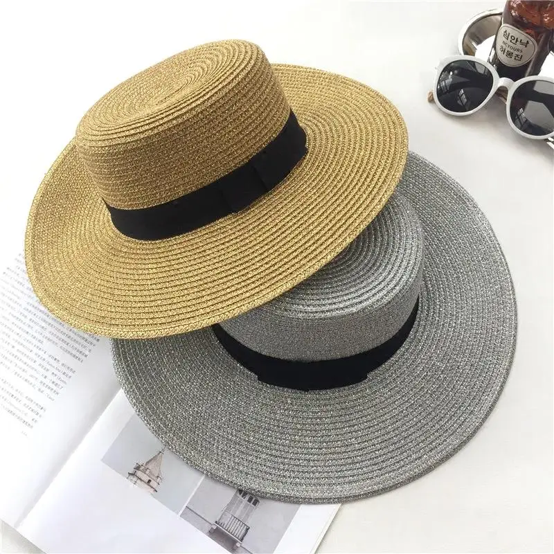 Ladies Sun Fedora Hats Small Bee Shiny Straw Hat European American Retro Gold Braided Female Sunshade Flat Sequins Hat 2