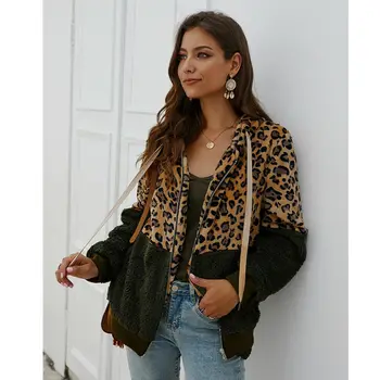 

Women Winter Fashion Coat Long Sleeve Hooded Warm Fleece Jacket Outwear Streewear Leopard Tops Coat Hot Sale Size S-XL