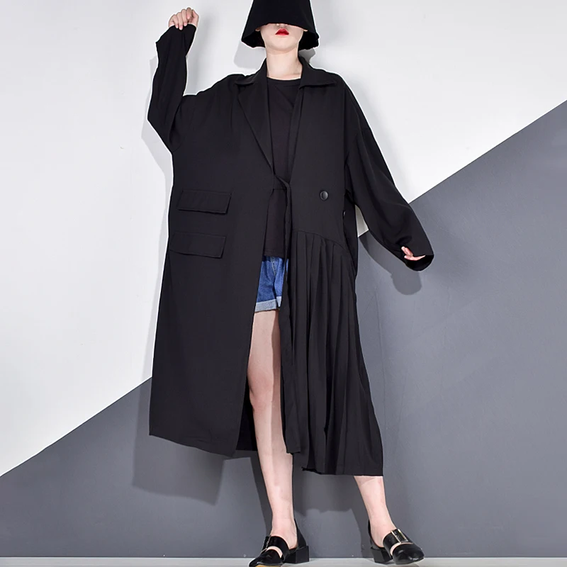 XITAO Single Button Streetwear Style Trench Women 2020 Autumn Fashion New Patchwork Draped Turn Down Collar Long Sleeve ZP3515