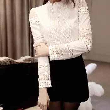 

2020 New Women Ladies Elegant Loose Casual Crotch Lace Long Sleeve Shirt Blouse Top Hook Lace Flower Hollow White Shirt