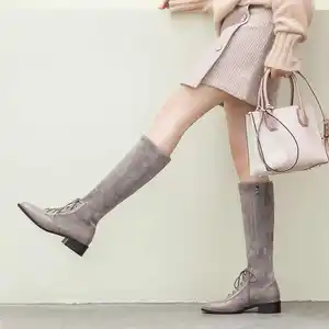 Image 5 - Krazing pot couro genuíno retalhos rebanho botas de estiramento britânico rendas até moda lado zip manter quente mulheres coxa botas altas l22
