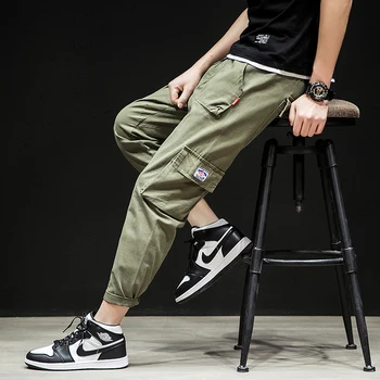 

Streetwear Men's Pants Multi-Pockets Solid Color Cargo Pants Elastic Waist Black Green Khaki S-4XL Trousers