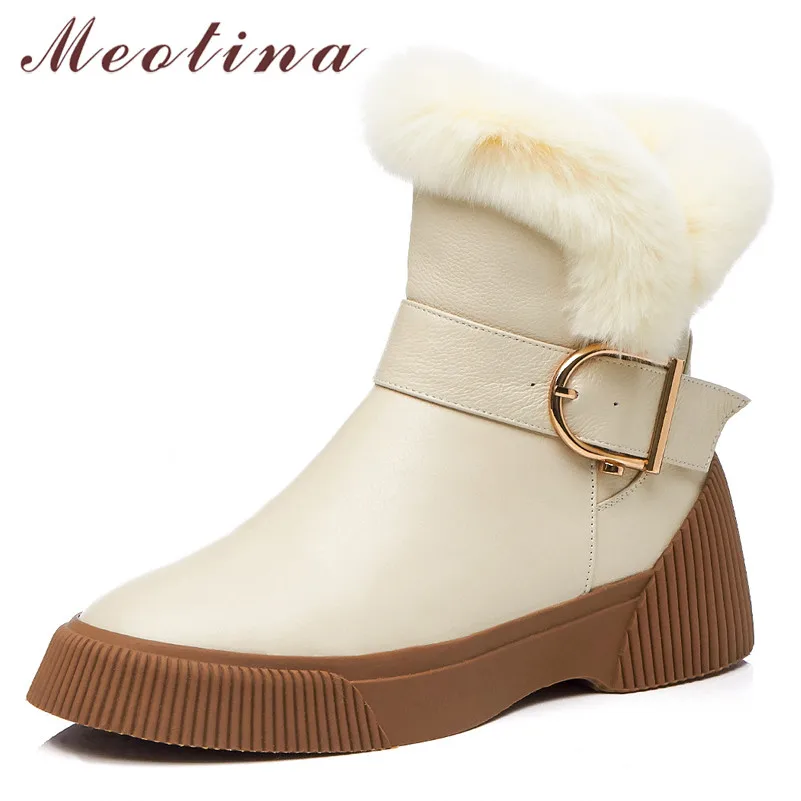 

Meotina Winter Wool Snow Boots Women Natural Genuine Leather Buckle Flat Ankle Boots Warm Real Fur Zipper Shoes Lady Size 34-39