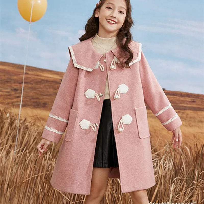 

Girls Wool Coat Jacket Outerwear 2021 Pink Warm Thicken Plus Velvet Winter Autumn Cotton School Teenagers Children's Clothing