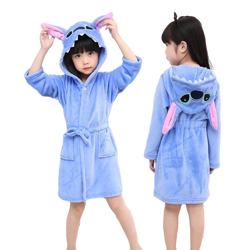 Детский банный халат с единорогом, зимний детский банный халат кигуруми, фланелевая одежда для сна с животными для больших мальчиков и девочек, пижама, ночная рубашка - Цвет: Blue stitch