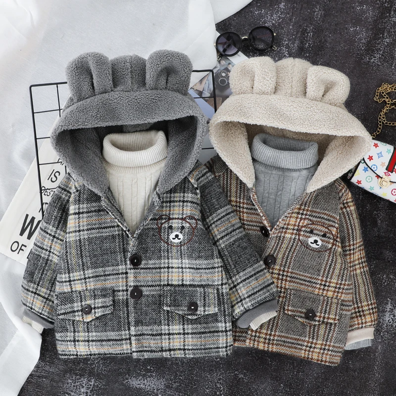 Пальто для малышей; куртка-кардиган с милым медведем для мальчиков и девочек; кашемировая шляпа в клетку; одежда для малышей; детские куртки с эластичными манжетами