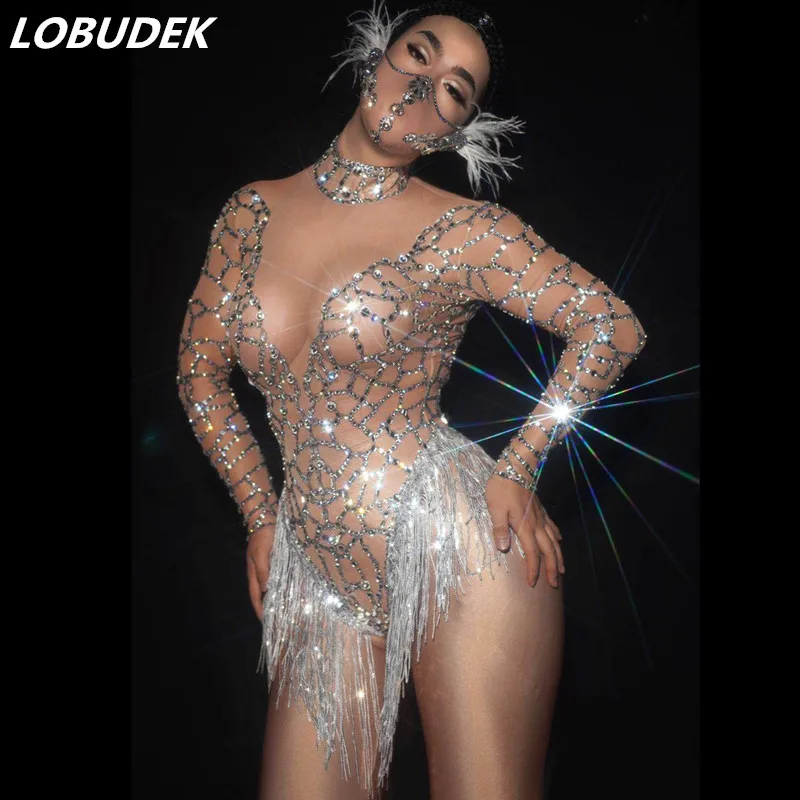 

Latin DJ Pole Dance Rhinestones Tassel Bodysuit Nude Mesh Crystal Long Sleeve Stretch Leotard Stage Wear Nightclub Gogo Costumes