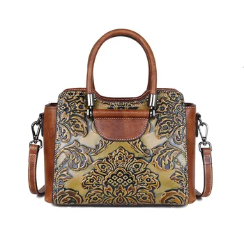 

2020 New Retro Cowhide Embossed Large Capacity Women Handbag Genuine Leather Floral Casual Shoulder&Crossbody Bags