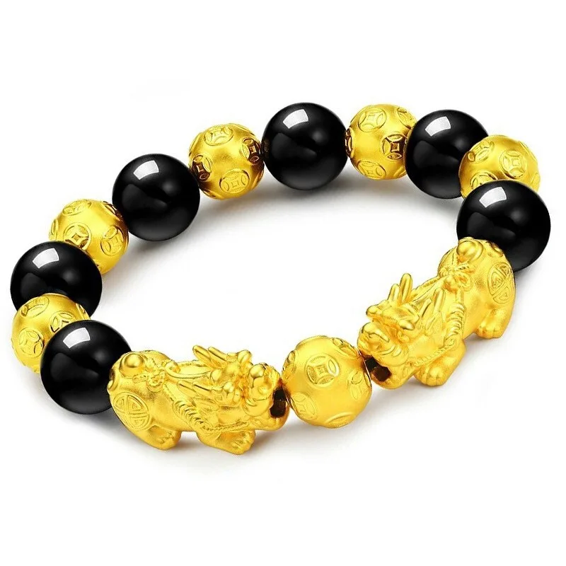 Suitable for Factory Sales Viet Nam Alluvial Gold Pixiu Bracelets Men's Women's 3D Hard Gold Obsidian Lucky Jewelry Lucky Long