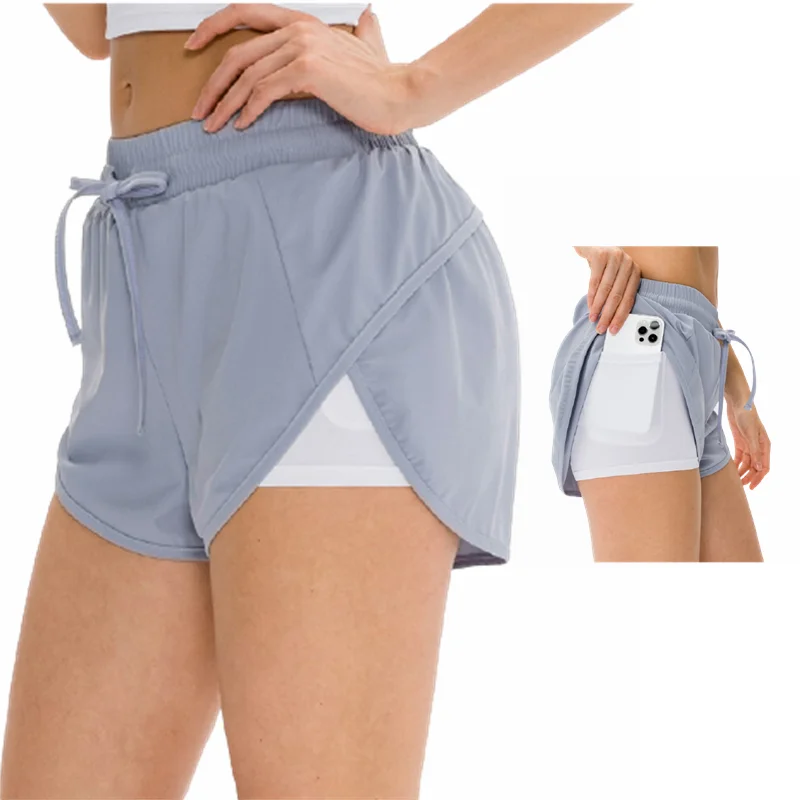 NEW Women Gym Double Shorts Side Pocket Running Shorts Quick Dry Breathable Yoga Women 2 In 1 Workout Fitness Sportwear