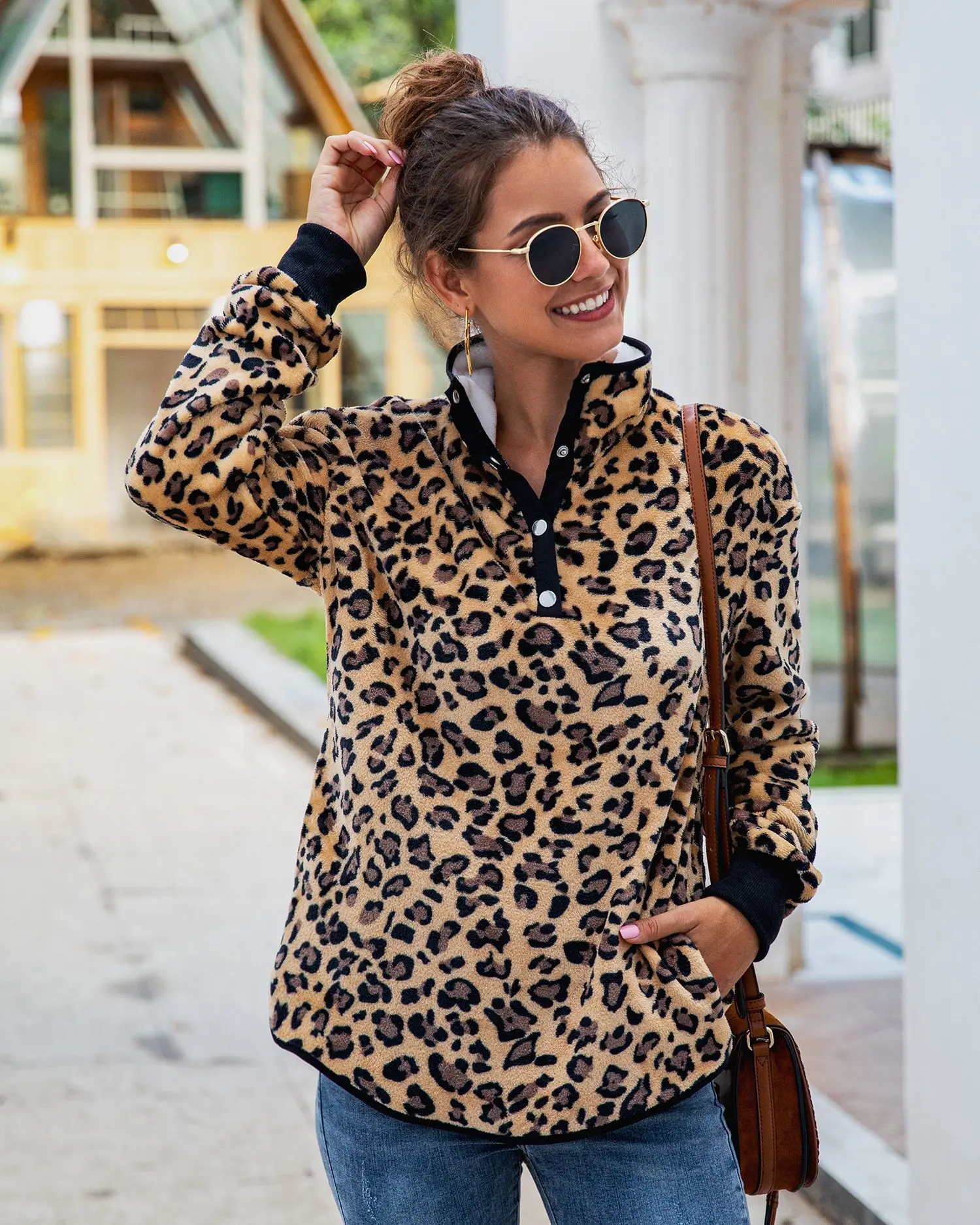 

Women's Autumn Winter Sweatshirt Leopard with Fleece Pullover Sweatshirt