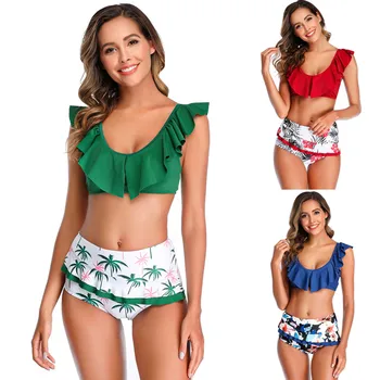 

#Z15 Ruffled High Waist Sexy Bikini Set Women Two Piece Swimsuit Bikini Push Up Bra Print Thong Swimsuit Maillot De Bain Femme