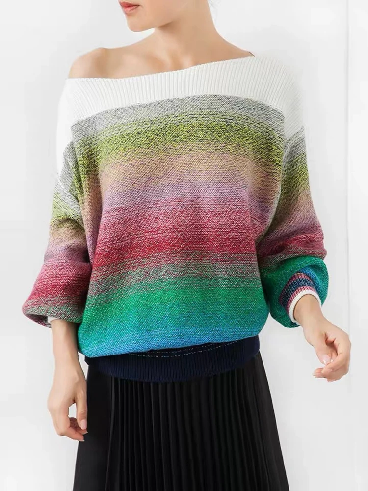 

Women New Autumn sweater for loose pullover sweaters Lantern sleeve long sleeve One-word collar gradient color knitwear
