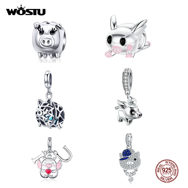 

WOSTU Pure 925 Sterling Silver Animal Cute Piggy Charm Beads Fit Original Bracelet Bangle Beads For Women Silver Jewelry Making