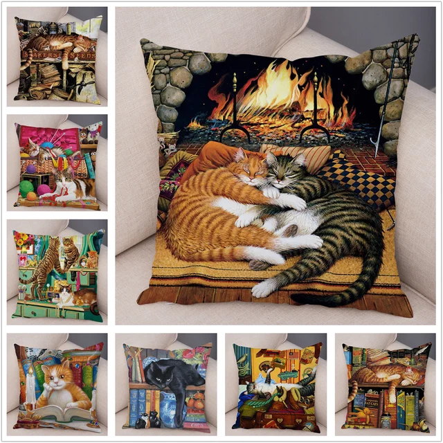 Oil Painting Coloful Cat Cushion Cover Pillowcase Home Decor Cartoon Animal for Sofa Super Soft Short Plush Pillow Case 45x45cm 1