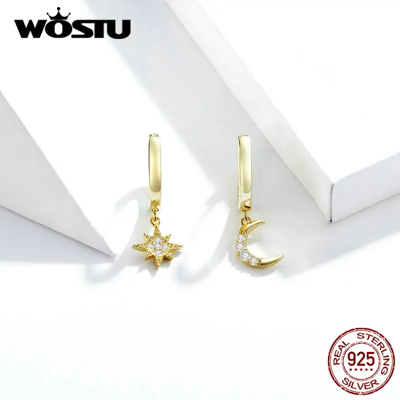 WOSTU подлинные 925 пробы серебряные серьги в виде звезд и Луны для женщин,, модные золотые цветные циркониевые серьги, модное ювелирное изделие FIE785