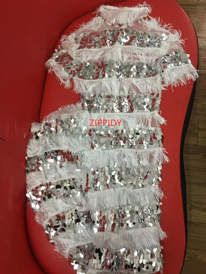 Белое просвечивающее платье с бахромой и блестками на день рождения, длинное Сетчатое платье для бара, танцев, женщин, певиц, шоу, платье для выпускного вечера