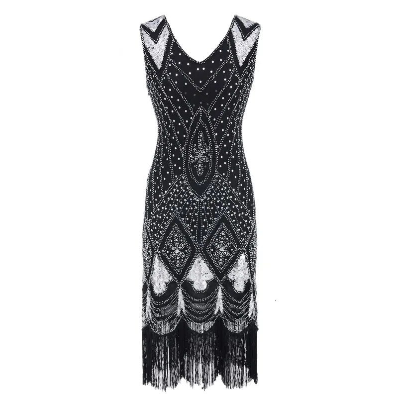 Women 1920 s Gatsby Dress Summer Sexy Party Dresses Beading V Neck Vintage Tassel Stripe Sequin Draped Fringe Flapper Dress (6)