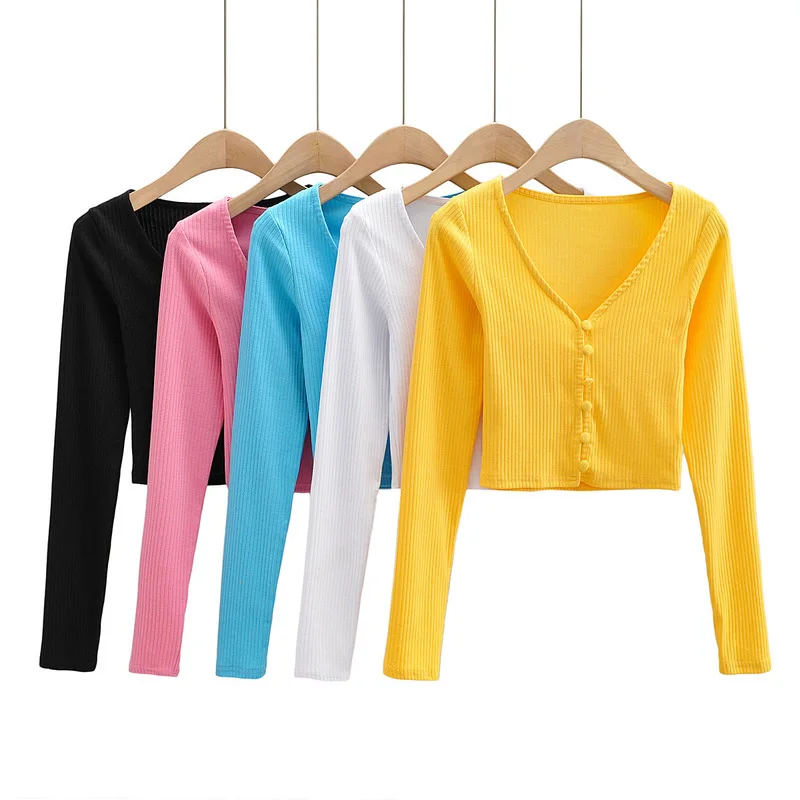 in the summer of 2026 with big six v-neck button thread pit long sleeve T-shirt cardigan jacket that show hilum |