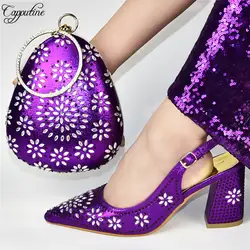 Модные женские туфли на высоком каблуке; сезон весна-осень; Сумочка с камнями; цвет фиолетовый; высота каблука 9 см; 777-3 дюйма