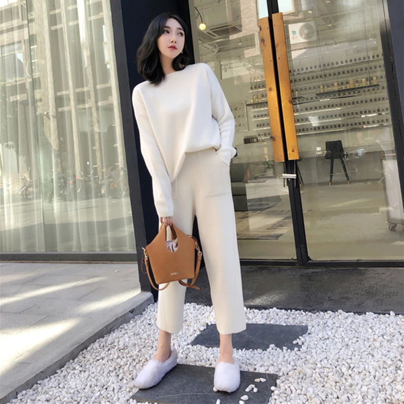 Autumn Winter Knitted Set Women Thick Warm O-Neck Loose Knit Suit Slim Pocket Harem Pants Oversized Casual Elegant Black Clothes