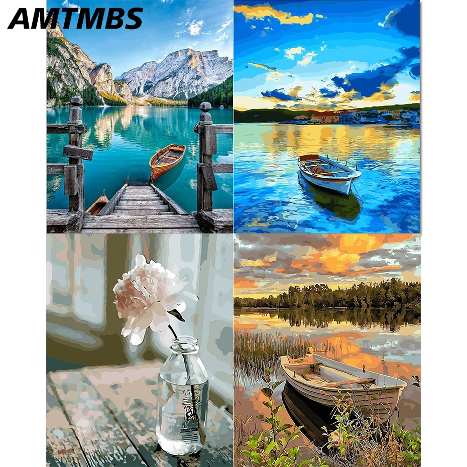 AMTMBS Лодка на озере DIY Краска по номеру для взрослых детей краски стене картинки