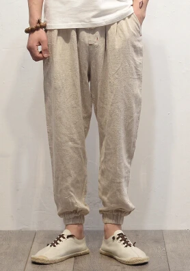 Linen Color Китайский национальный стиль, мужское хлопковое белье, штаны, штаны для пробежек в повседневном стиле, эластичный Топ, льняные штаны для мужчин, большие размеры, M-5XL - Цвет: Linen Color
