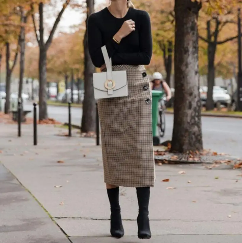 

Retro Female Hight Waist Asymmetry Woolen Midi Skirt Wrap New Plaid Women Clothing Vintage Fashion Jupe Longue Femme Slim
