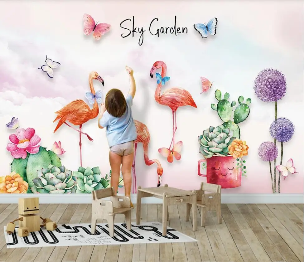 

XUESU Custom wallpaper wall covering hand butterfly flamingo cactus succulent dandelion 3D TV background wall
