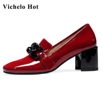 

Vichelo Hot European design three colors large size round toe strange high heels chain decorations young lady dating pumps L5f1
