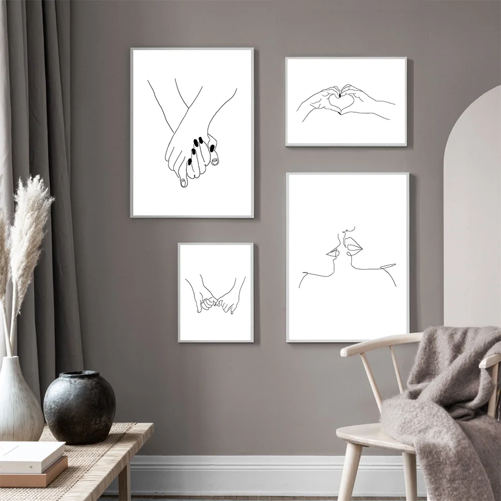

Nordic Picture Holding Hands Line Drawing Poster Kiss Canvas Print Couple Hand Painting Love Prints Bedroom Home Decoration
