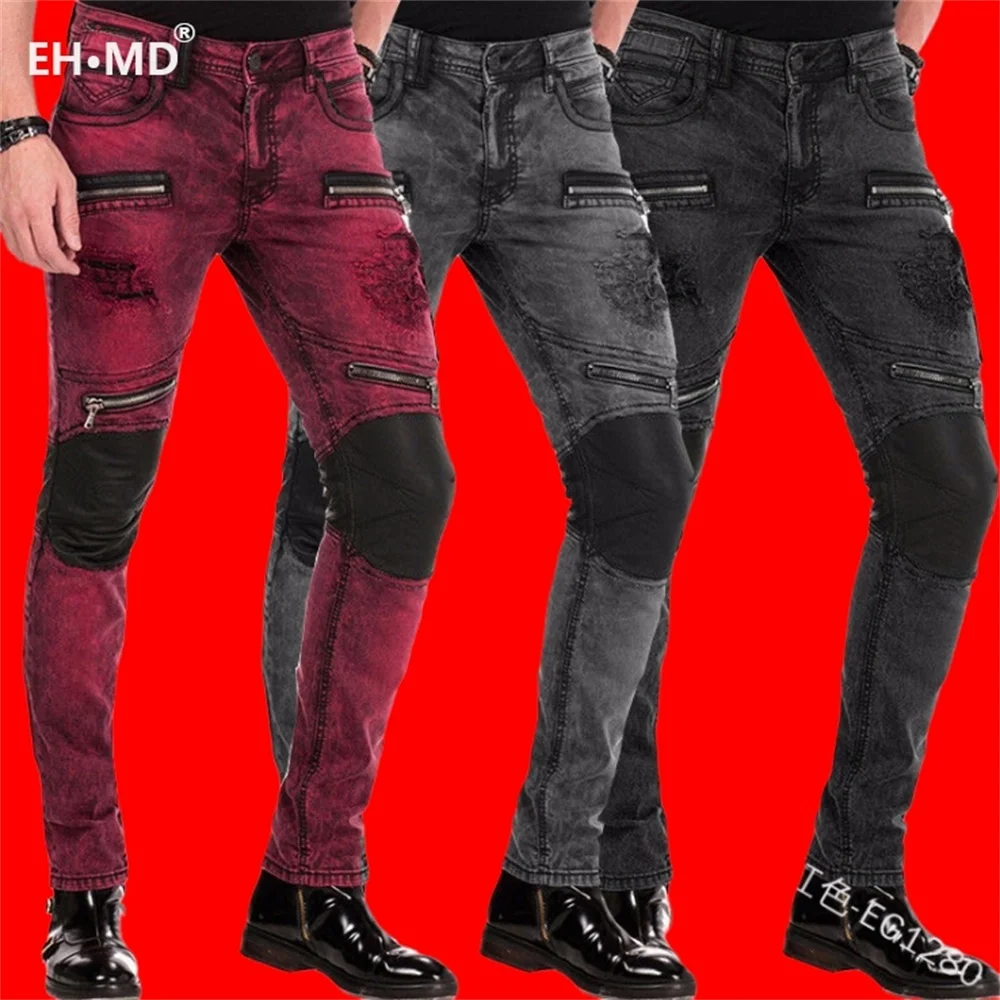 

EH·MD® Leather Knee Jeans Men's Shredded Zipper Pocket Cotton High-Stretch Skinny Pencil Pants Breathable Thin Comfortable 2020
