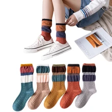 Зимние теплые милые женские носки, Хлопковые женские осенние носки контрастного цвета, длинные женские хлопковые носки, дезодорант