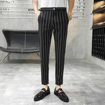 melhor Calças Slim Fit Homens Do Vintage Terno De Verão Calças Dos Homens Do Escritório Peso Leve Estiramento Negócios Magro Tornozelo Comprimento Calças Listradas
