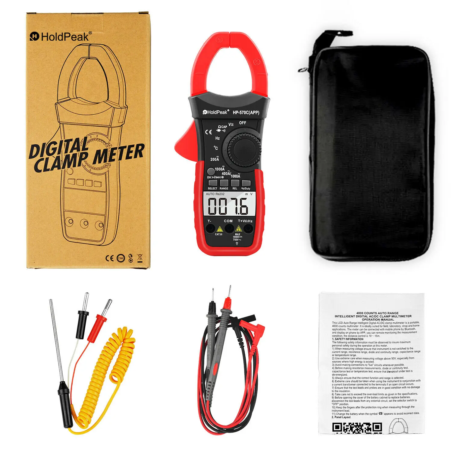 Holdpeak HP-570C-APP Digital Clamp Meter DC Current 4000 Counts AC/DC Volt 1000A Handheld Tester