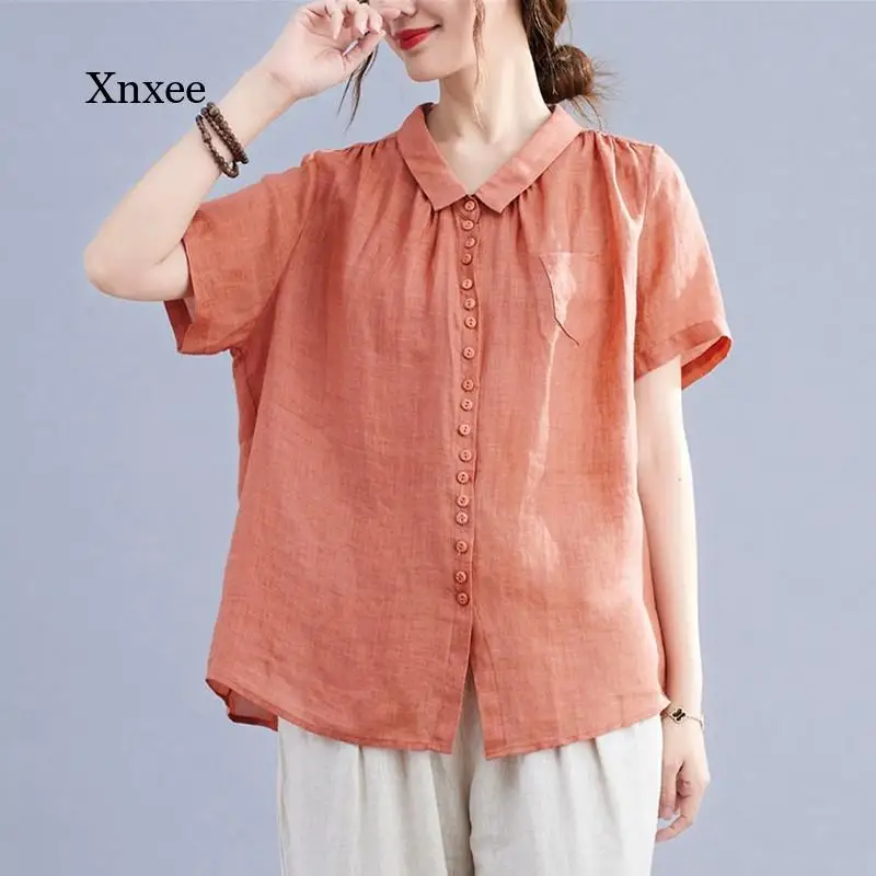 

Cotton Linen Shirts Casual Woman New Blous Summer Fashion Loose Blouses Female Short Sleeve Loose Tops Elegant Tee Clothing