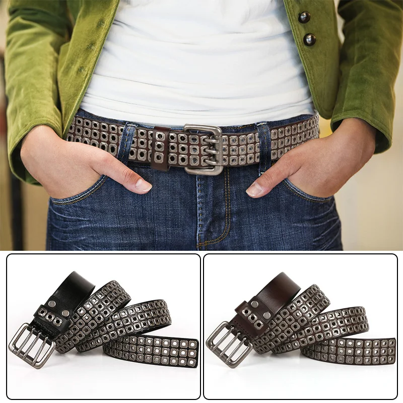 

PU Leather Punk Style Biker Metal Rivet Belt Man Buckle Vintage Rock Rivet Pin Buckle Cowhide Luxury Waistband