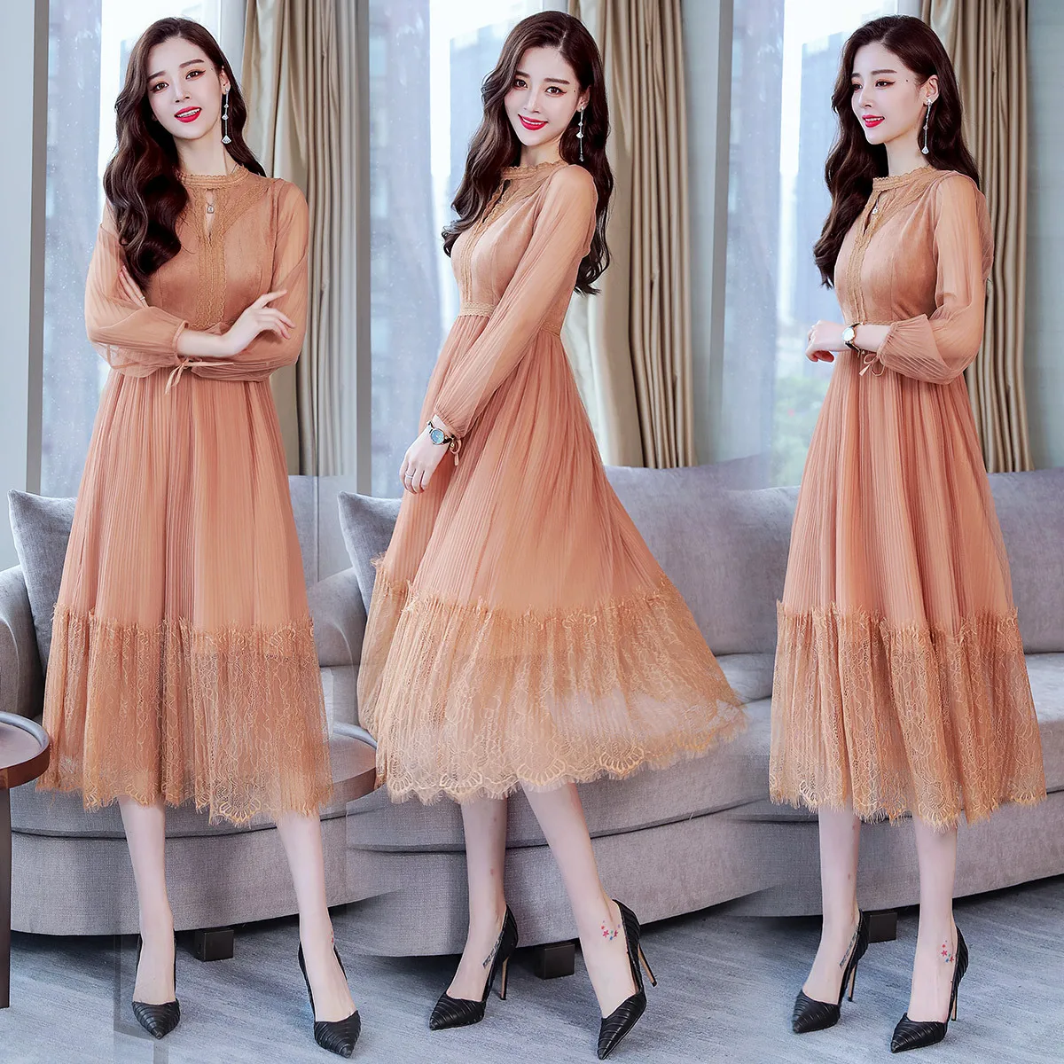 

Dress 2020 New Style Spring Women's Elegant Elegant Slim Fit Slimming Lace Chiffon Long Sleeve Mid-length Big Skirt